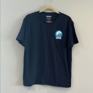 Smurfs.  Black Crew Neck Short Sleeve Tee with Smurf Logos.